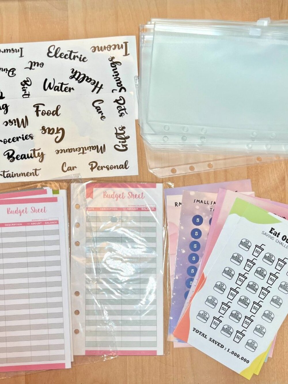 Lot of A6 Cash Stuffing Pouches, Stickers, Envelope Challenge Binder Cards